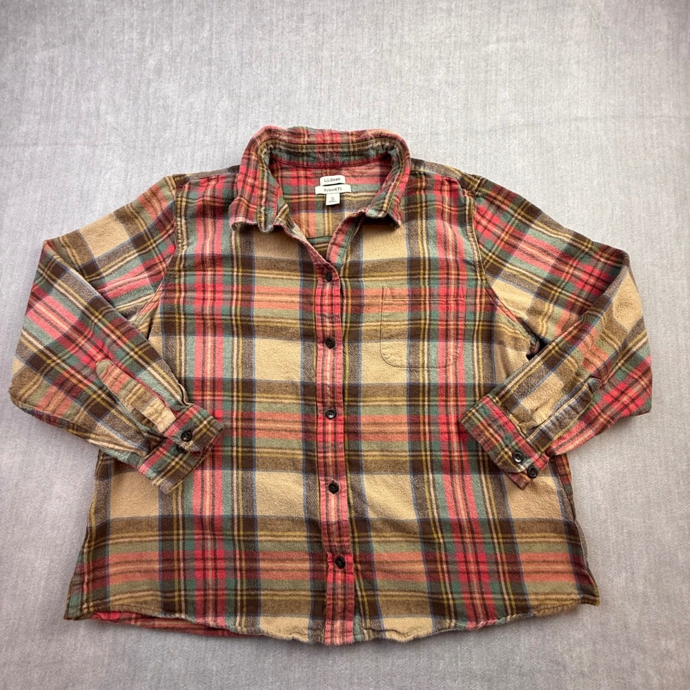 LL Bean Relaxed Fit Flannel Shirt XL Petite Multicolor Plaid Cotton 279326